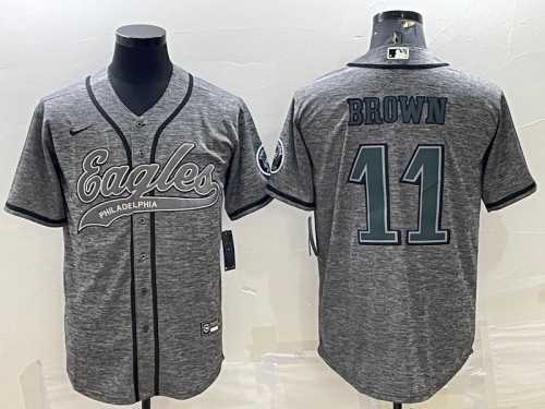Mens Philadelphia Eagles #11 A. J. Brown Gray With Patch Cool Base Stitched Baseball Jersey